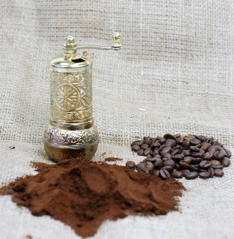 Old Coffee Grinder with Coffee Beans and Powder Stock Photo Image of