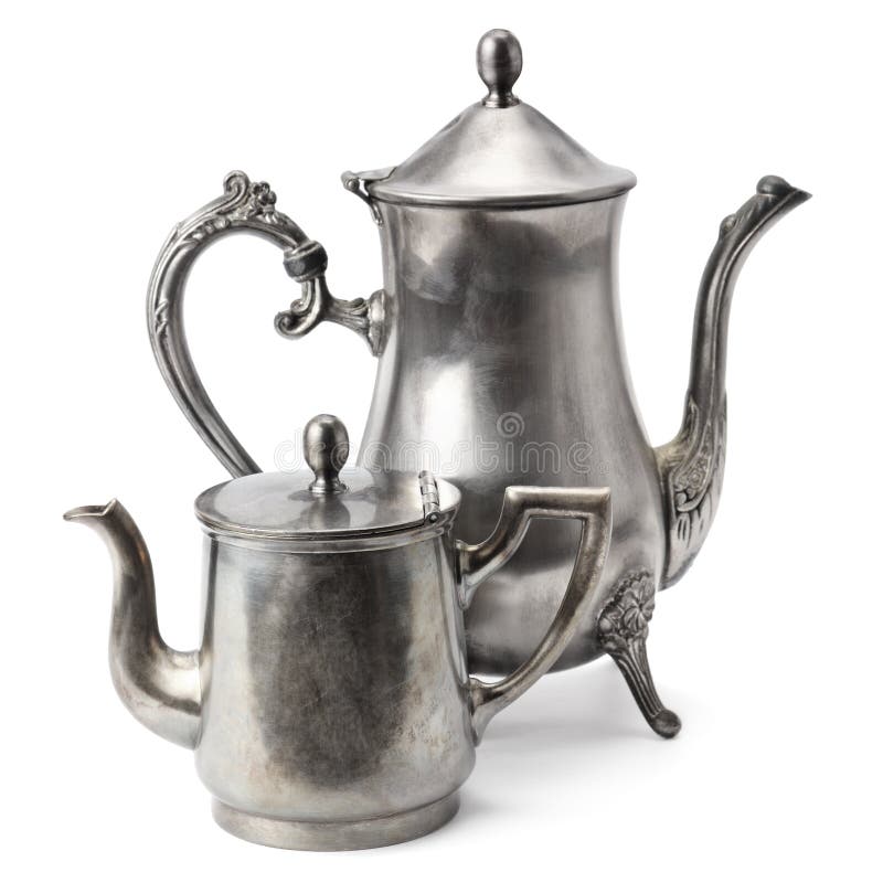 Old Coffee Pot and Cup of Hot Coffee are American. Stock Photo