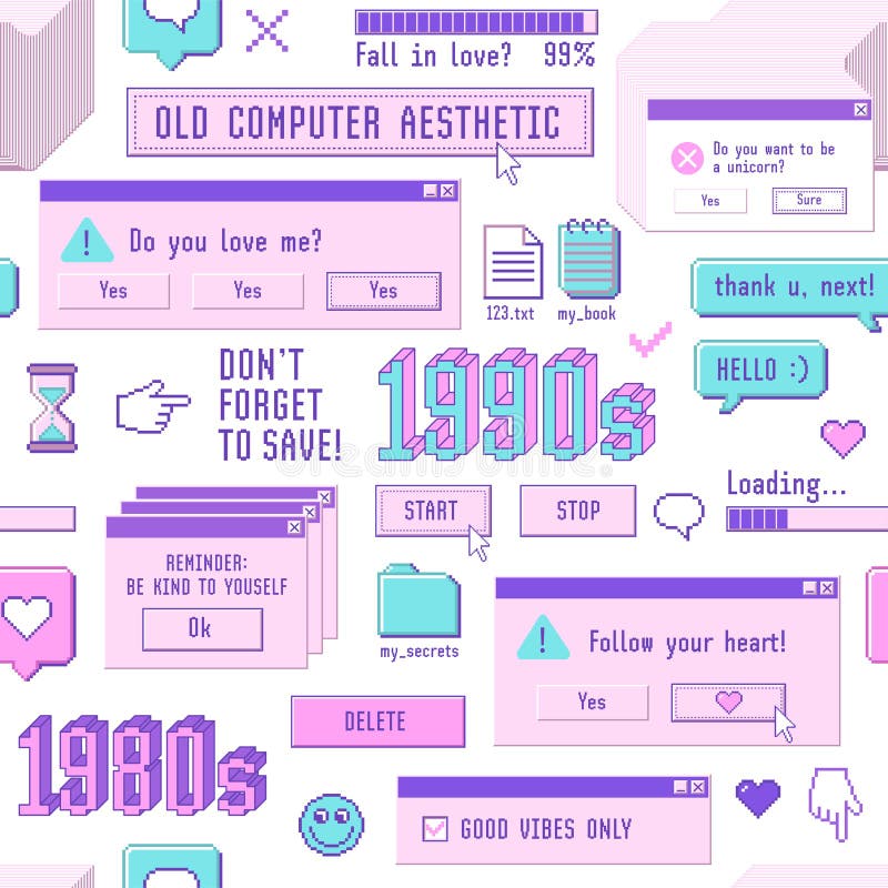 Old computer aestethic 1980s -1990s. Seamless pattern with retro pc elements and user interface.