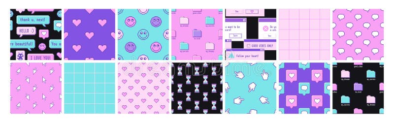 Old computer aesthetic 1980s -1990s. Big set of seamless patterns with retro pc elements.