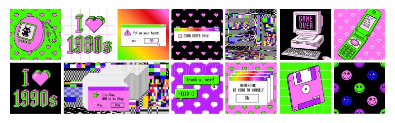 Old computer aesthetic 1980s -1990s. Square posters. Sticker pack with retro pc elements. Pixel art.