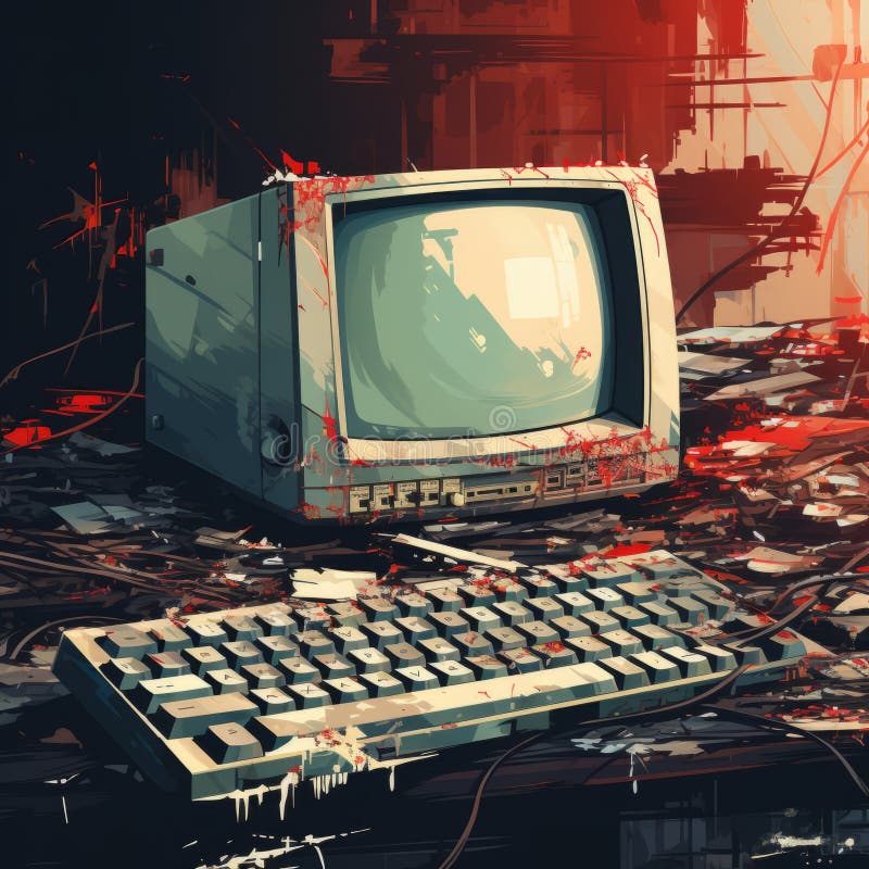 An old computer and keyboard on a table generative ai. Old computer keyboard cpu monitor illustrations