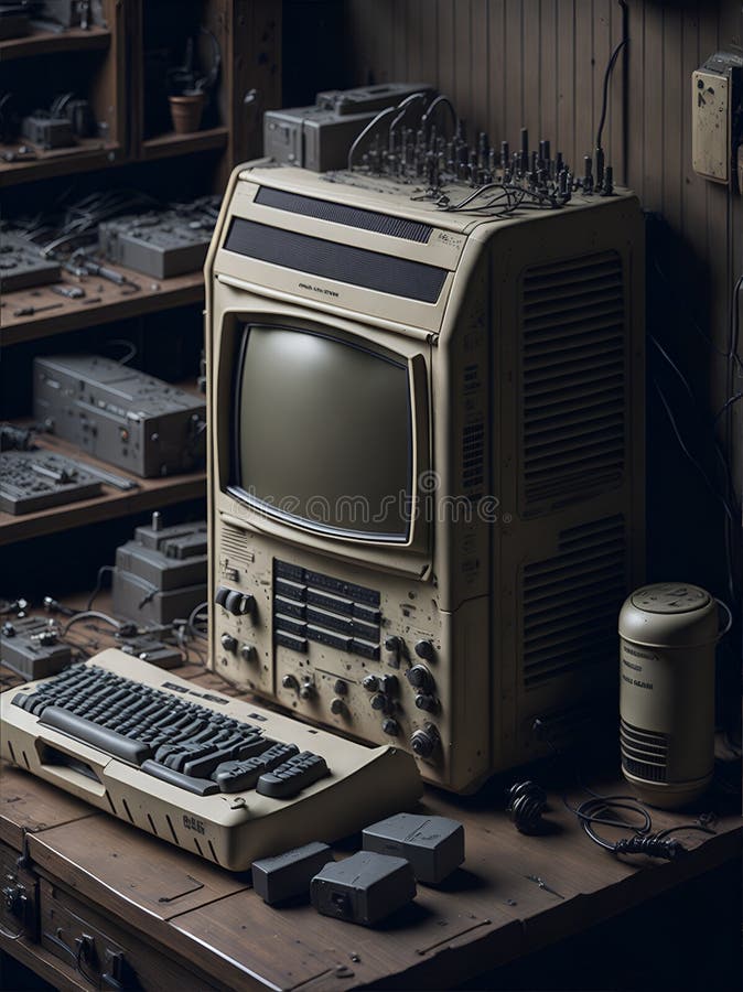 Old computer from the 80s is part of a vintage tech workshop. Tools and components are meticulously organized on a wooden workbench, and the computer hums with life as it's repaired. Old computer keyboard cpu monitor illustrations