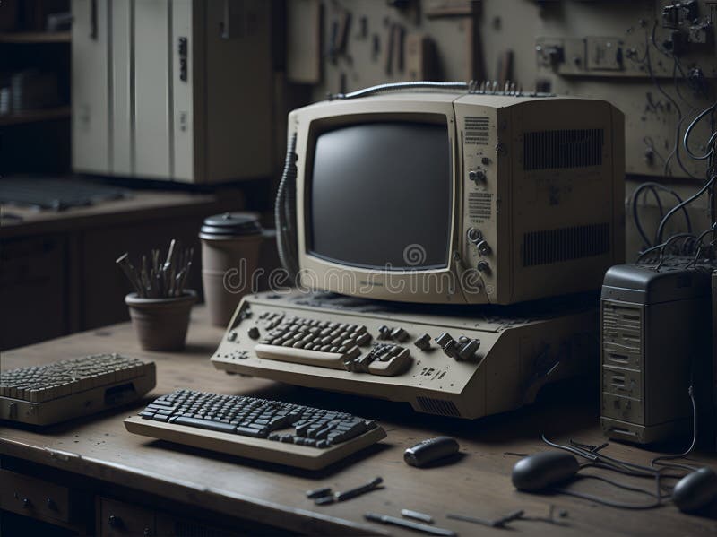 Old computer from the 80s is part of a vintage tech workshop. Tools and components are meticulously organized on a wooden workbench, and the computer hums with life as it's repaired. Old computer keyboard cpu monitor illustrations