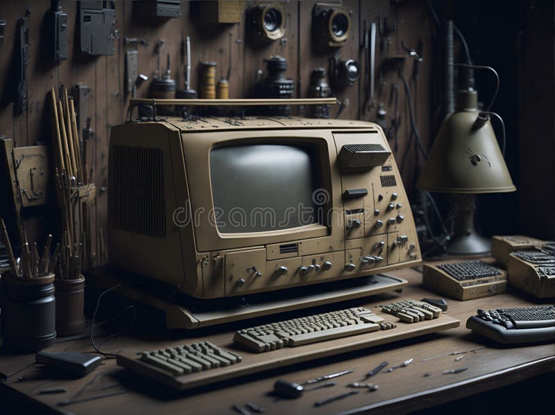 Old computer from the 80s is part of a vintage tech workshop. Tools and components are meticulously organized on a wooden workbench, and the computer hums with life as it's repaired. Old computer keyboard cpu monitor illustrations