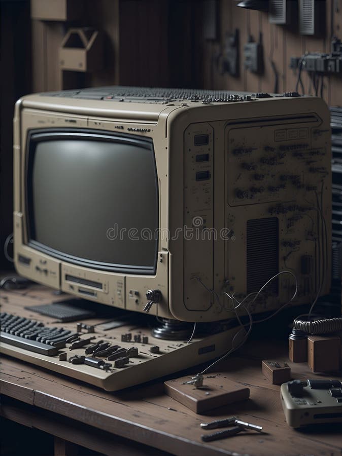 Old computer from the 80s is part of a vintage tech workshop. Tools and components are meticulously organized on a wooden workbench, and the computer hums with life as it's repaired. Old computer keyboard cpu monitor illustrations