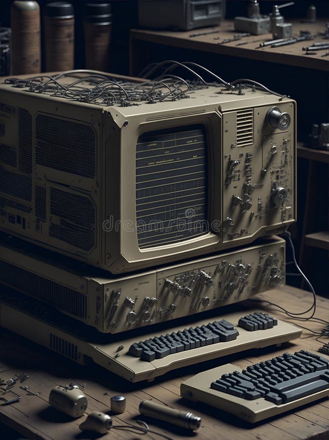 Old computer from the 80s is part of a vintage tech workshop. Tools and components are meticulously organized on a wooden workbench, and the computer hums with life as it's repaired. Old computer keyboard cpu monitor illustrations