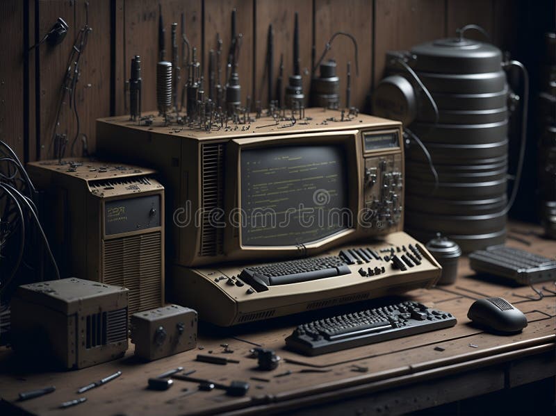 Old computer from the 80s is part of a vintage tech workshop. Tools and components are meticulously organized on a wooden workbench, and the computer hums with life as it's repaired. Old computer keyboard cpu monitor illustrations