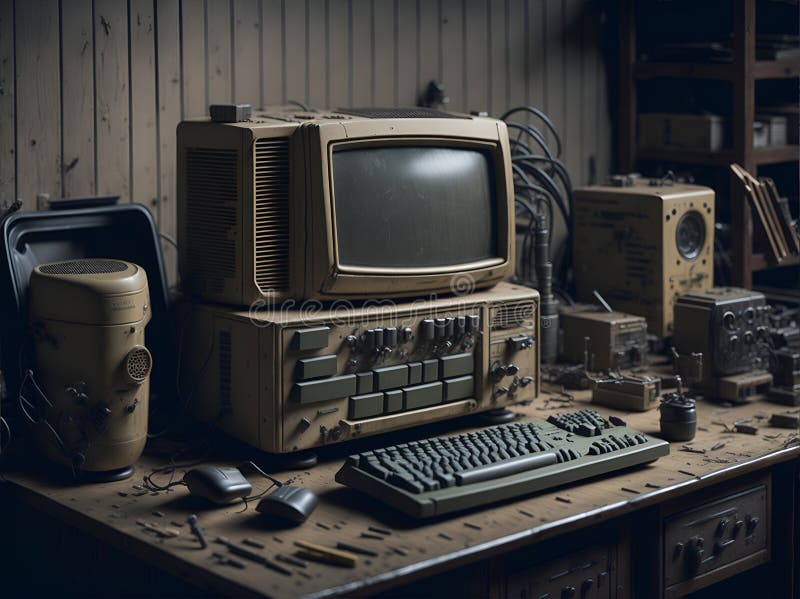 Old computer from the 80s is part of a vintage tech workshop. Tools and components are meticulously organized on a wooden workbench, and the computer hums with life as it's repaired. Old computer keyboard cpu monitor illustrations