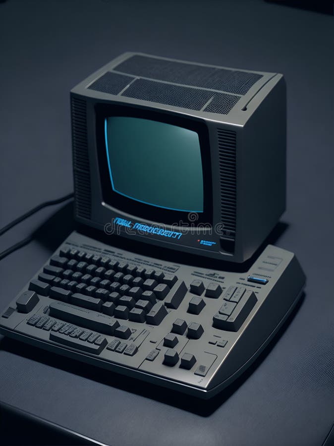 Old computer from the 80s is part of a vintage tech workshop. Tools and components are meticulously organized on a wooden workbench, and the computer hums with life as it's repaired. Old computer keyboard cpu monitor illustrations