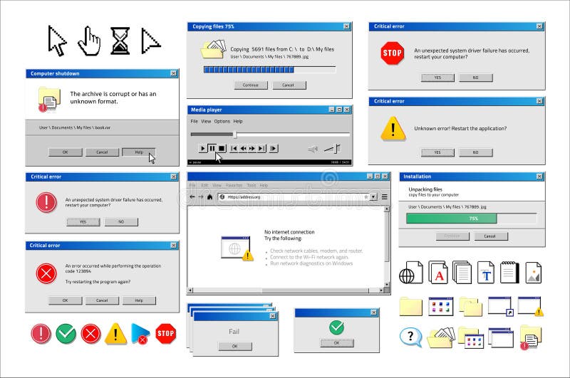 Old computer window. Popup warning, error and installation windows, media player and file manager classic retro design vector illustration