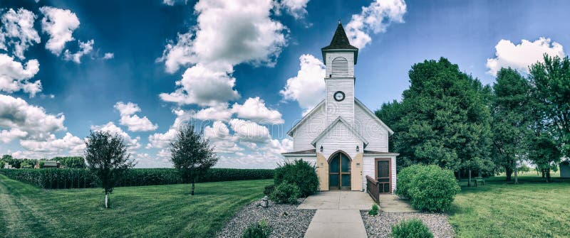 Old country church with cornfields