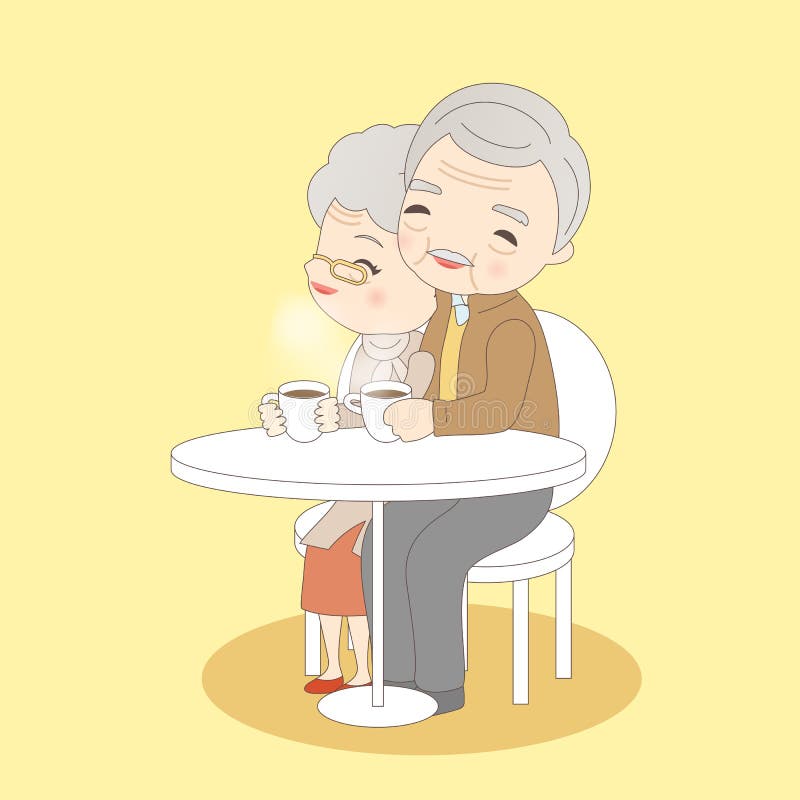 Old couple drink coffee