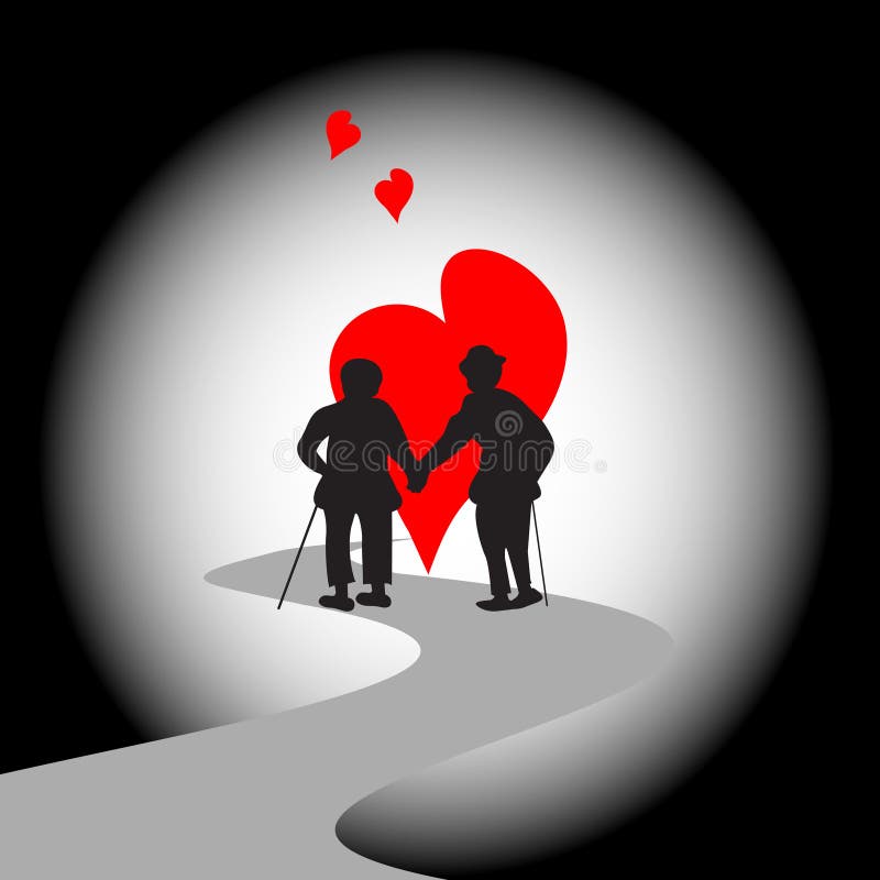 Silhouette of happy elderly couple walking together. Silhouette of happy elderly couple walking together