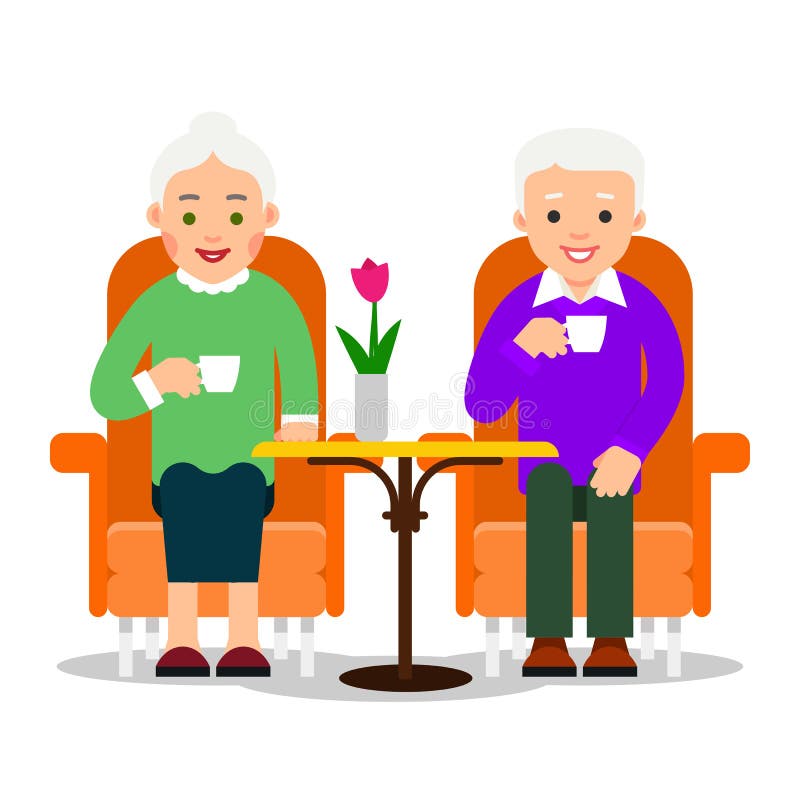 Old couple is sitting at table. Smiling grandfather and grandmother. Elderly husband and wife drinking coffee. Hot tea. Romance relationship. Illustration isolated on white background in flat style