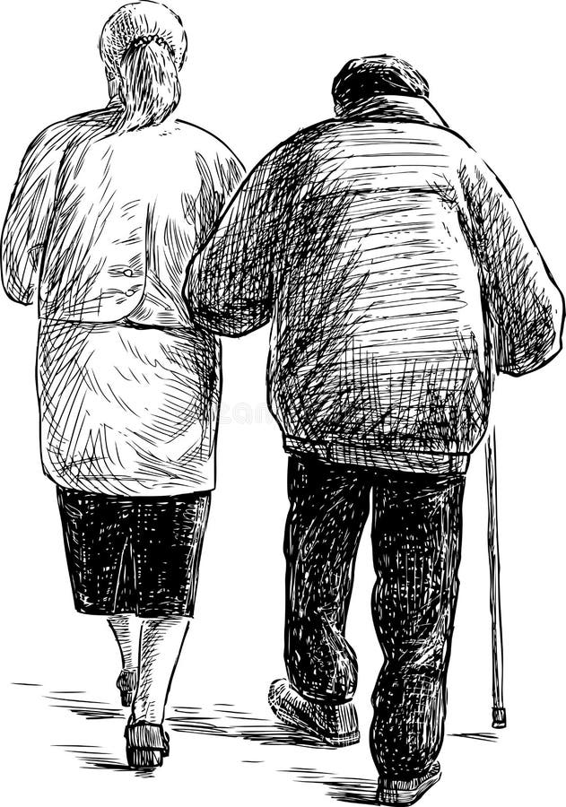 Vector drawing of the strolling elderly people. Vector drawing of the strolling elderly people.