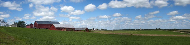 Panoramica del vecchio fienile rosso e la fattoria di scena in prodotti lattiero-caseari paese del Wisconsin, USA.