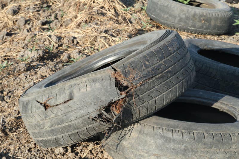 Car Tire Damage With Nail And Yellow Mark. Flat Car Tire In The Hands