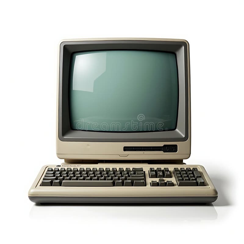 Old desktop computer monitor and keyboard isolated on white background, retro, computer equipment. Old computer keyboard cpu monitor illustrations
