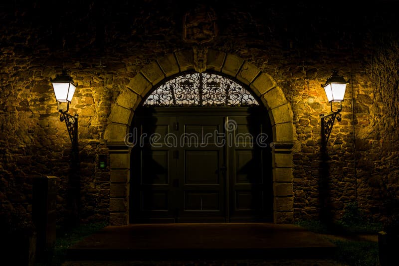 Old door at night stock image. Image of antiquelamp 103802765