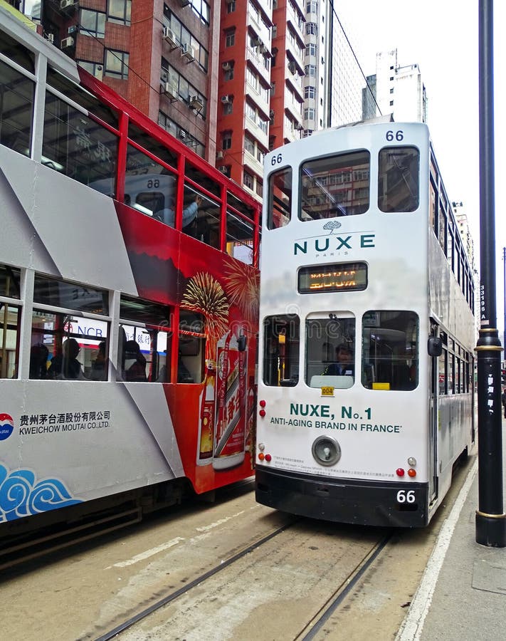 Old Double-decker Trams in North Point, Hong Kong Editorial Image