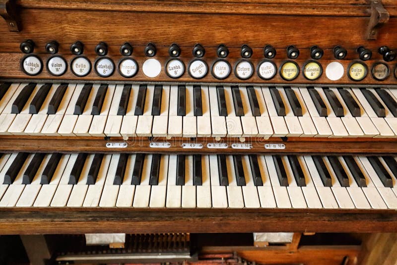 Old Double Piano Keyboard with Marked Keys Stock Image - Image of pedal