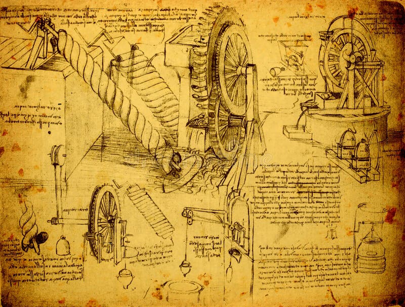 14th Century Leonardo da Vinci engineering drawing. Drawing time illustrations