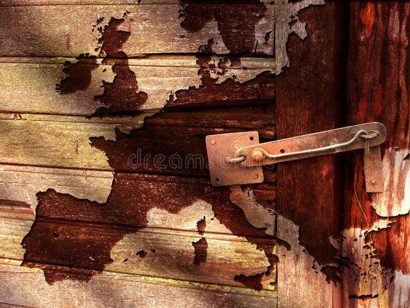 Old outline map of Europe superposed on wooden boards in dark brown color inside a shed (or on a fence) with rusty primitive lock. Old outline map of Europe superposed on wooden boards in dark brown color inside a shed (or on a fence) with rusty primitive lock.