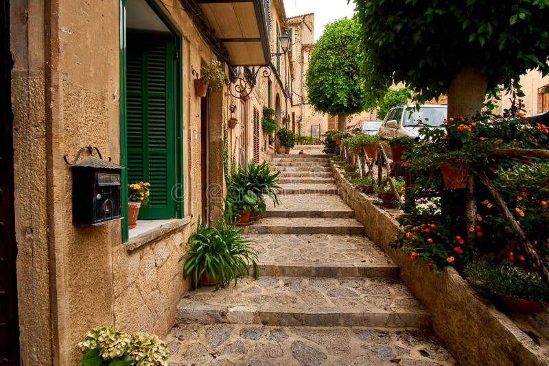 Old European Street Decorated with Fresh Flowers City of Valldemossa ...