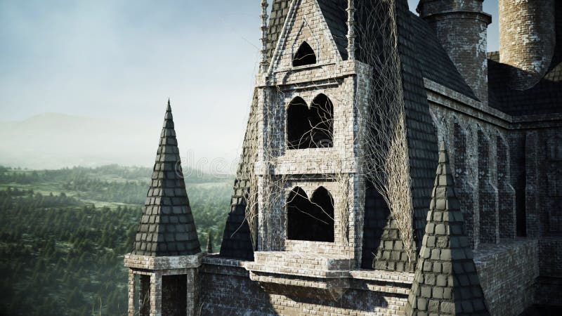 Old Fairytale Castle on the Hill. Aerial View. 3d Rendering. Stock ...