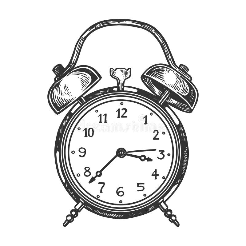 Old Fashioned Alarm Clock Ring Sketch Engraving, Vectors