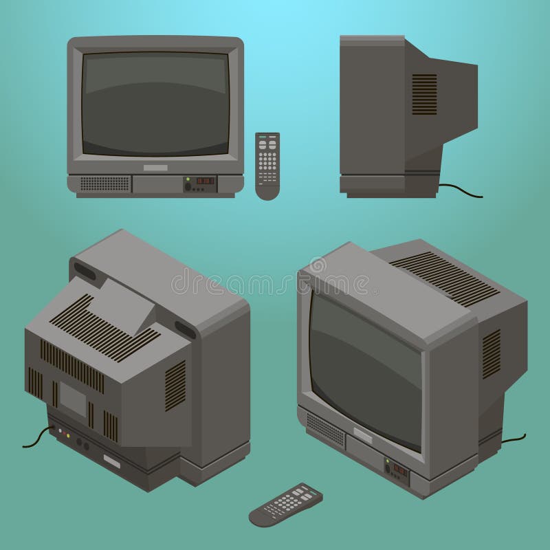 Old Fashioned Gray Television with Remote Control Isometric Stock