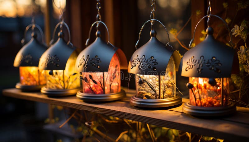 Old fashioned lantern hanging outdoors, illuminating rustic winter decoration generated by AI stock images