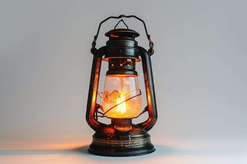 An old-fashioned lantern is lit up on a table, perfect for decorative purposes or historical settings royalty free stock photo
