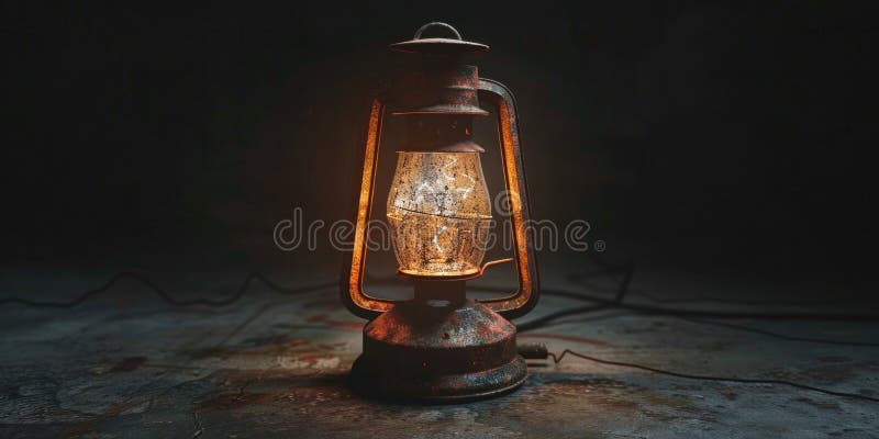 An old fashioned lantern shines brightly in a dark environment, providing a warm and cozy light royalty free stock photos