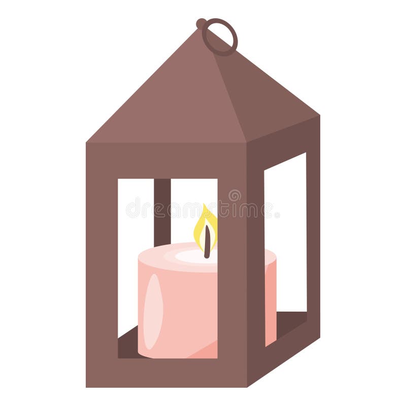 Old Fashioned Metal Lantern with Burning Pink Candle, Front View, Flat