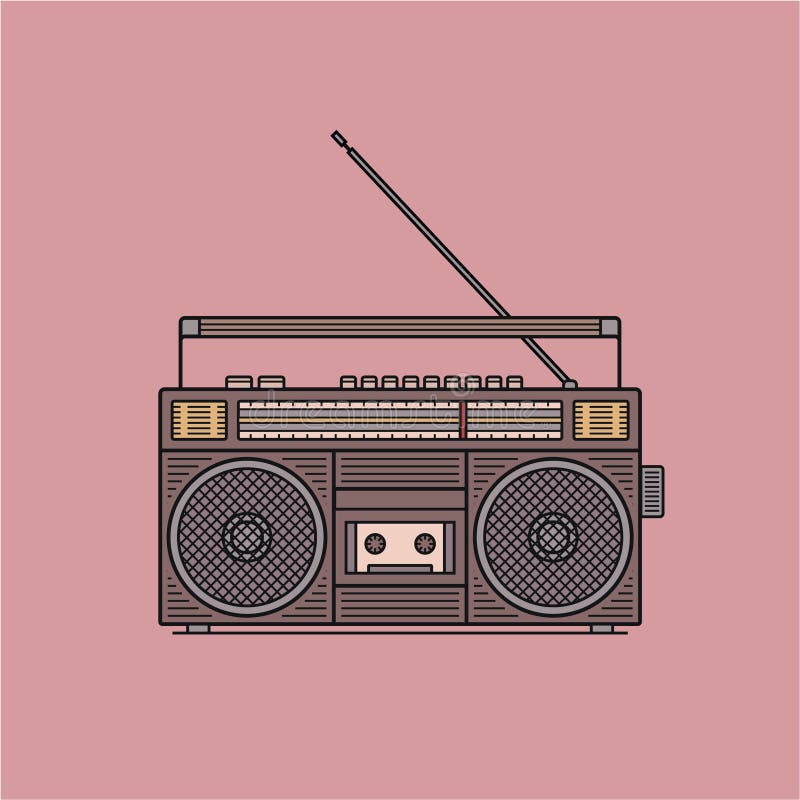 Old fashioned, retro style audio tape recorder, ghetto boom box from 90s, vector illustration isolated. Front view of audio tape
