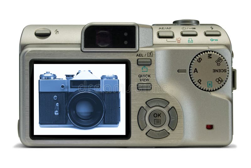 Old film camera on display of modern digital camera, isolated on white. Body cam stock images, royalty-free photos and pictures