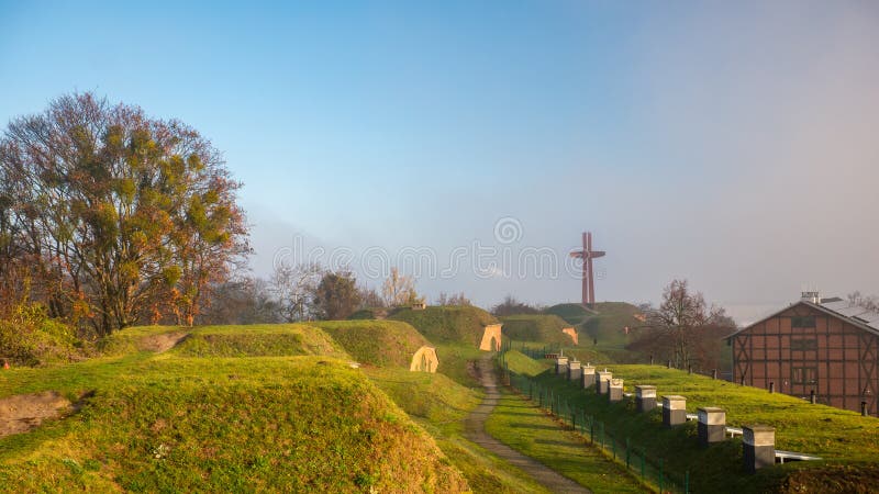 Old fortifications and Millennium Cross monument on the Gradowa Hill in Gdansk, Poland. royalty free stock photo Old fortifications and Millennium Cross monument on the Gradowa Hill in Gdansk, Poland. royalty free stock photo