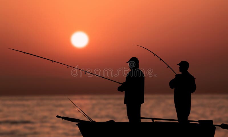 Old Friends Fishing at Sunset on the Sea. Two Fisher Man