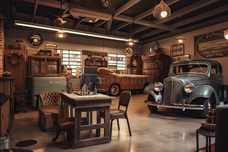 Old Garage, with Vintage Cars and Classic Decor, in Retro-themed