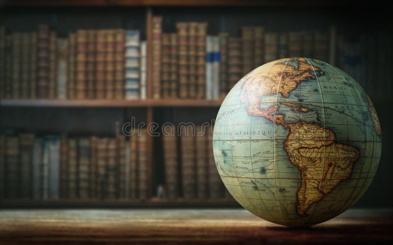 Old globe on bookshelf background. Selective focus. Retro style.