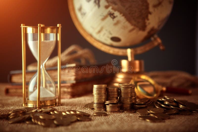 Old globe, coins, magnifying glass, keys to chests, rope, pirate map and marine logbook. Travel and marine prints background. The