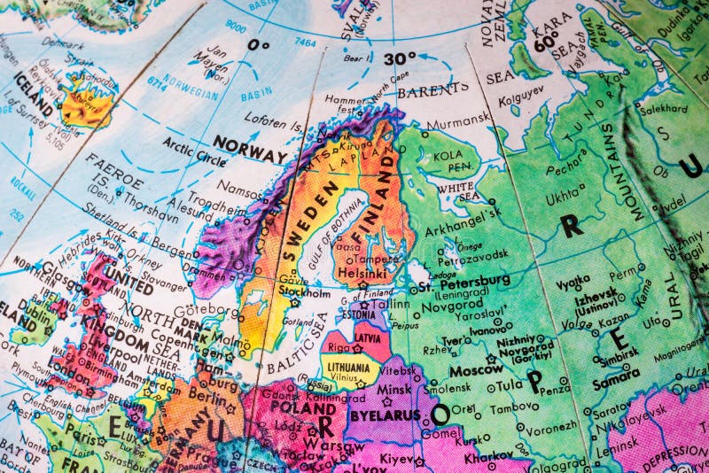 An old globe map showing Sweden and Finland.