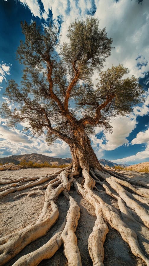 Old gnarly tree with sprawling roots against a cloudy blue sky in a desert landscape. Nature&#x27;s resilience and beauty royalty free stock photography