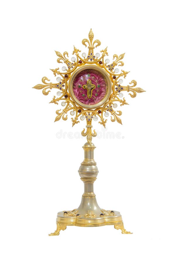 Old gold monstrance with cross inside on white background