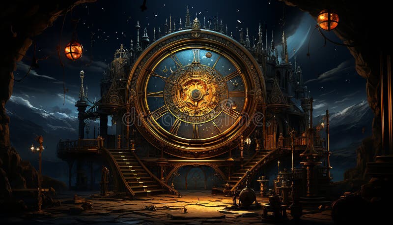 Old gothic clock symbolizes ancient spirituality in futuristic architecture generated by AI