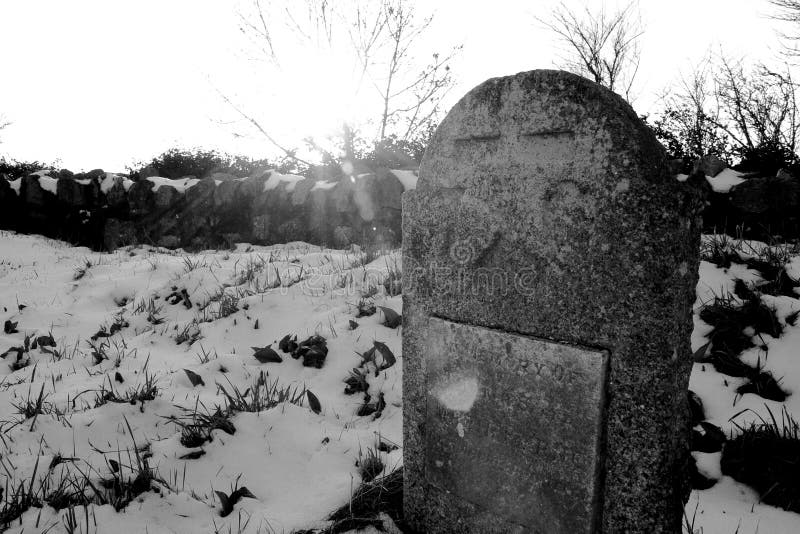 Old gravestone in snowy churchyard