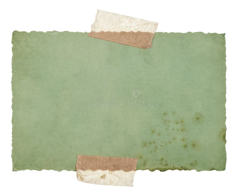 Old green paper sheet with tape isolated on white