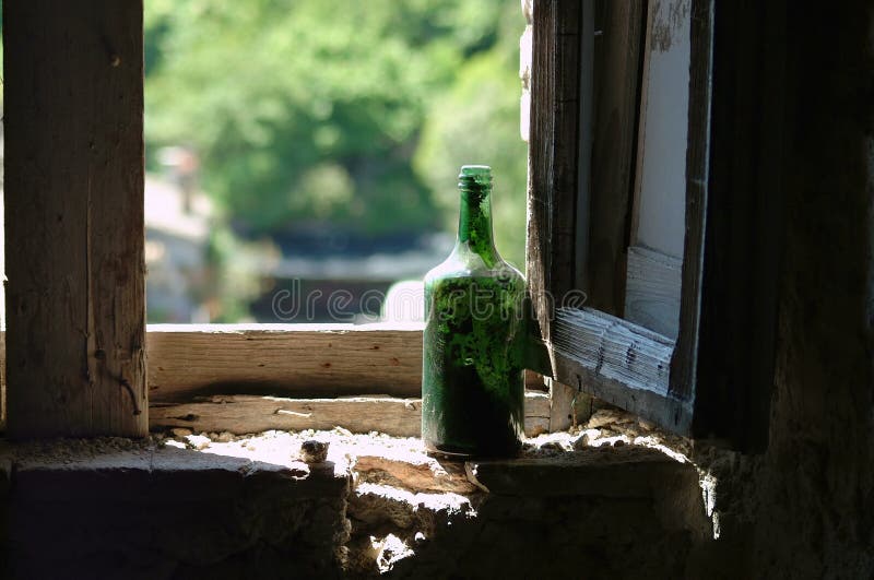 Download Old Green Wine Bottle In Window Stock Photo Image Of Mystical Reflection 4170562 Yellowimages Mockups